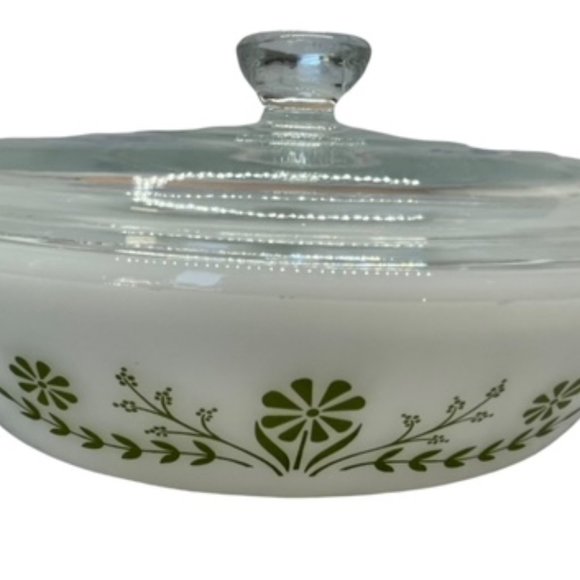 Vintage Glasbake PRIMROSE DREAM Oval Green Floral Daisy Casserole with Lid J-235 - Picture 8 of 8